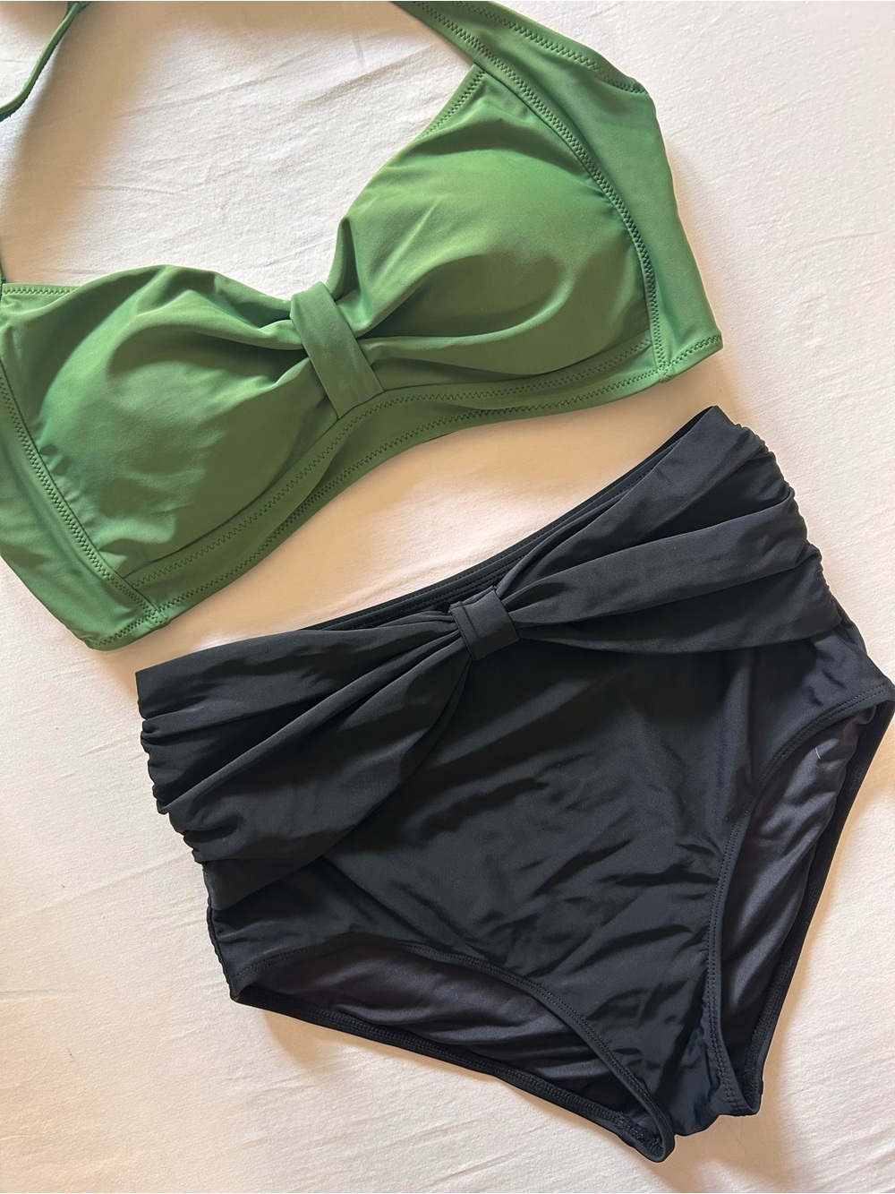 Women's Bikini Set Size Large/Medium Green Halter Top Black High Waist Bottoms
